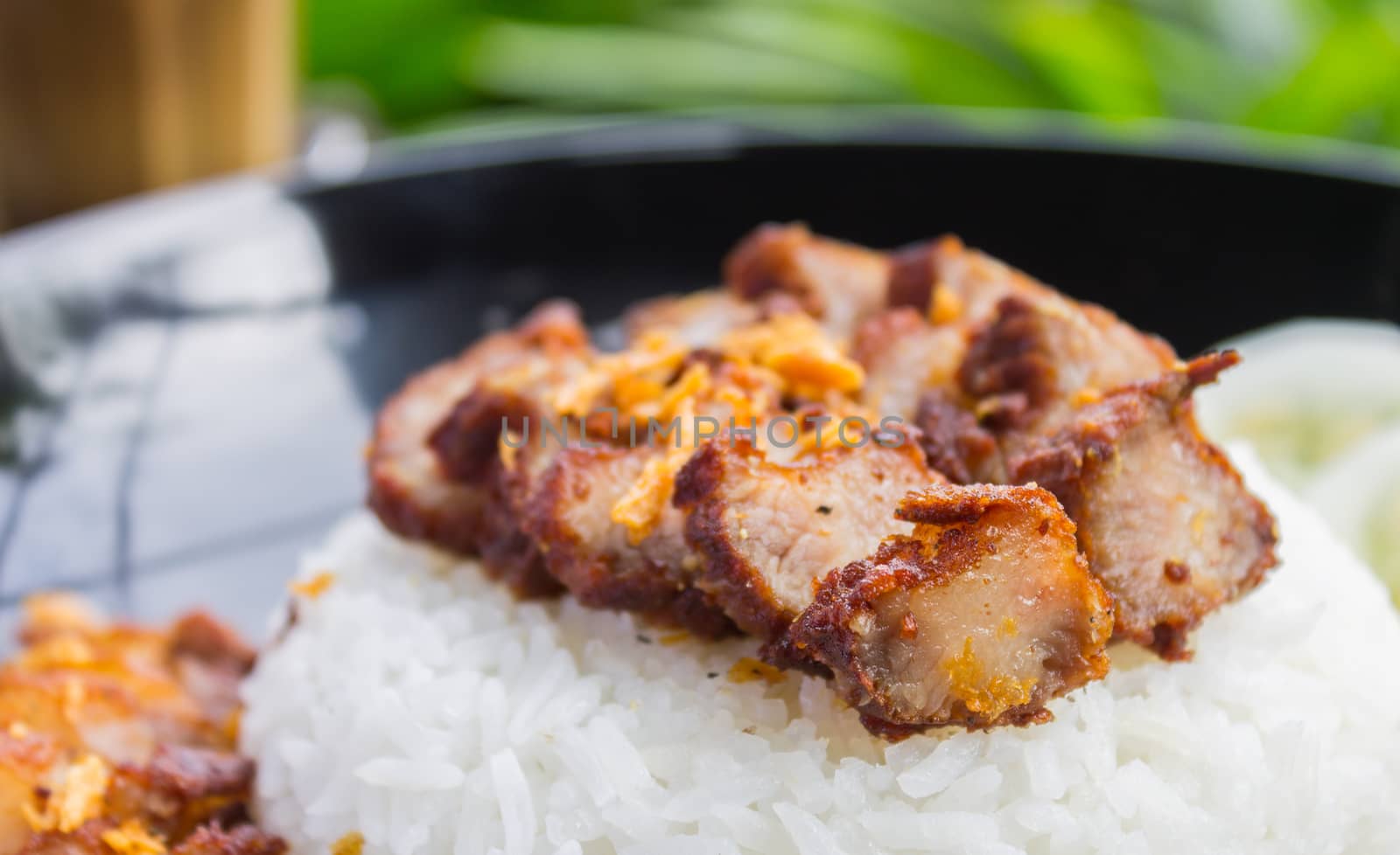 Thai Food Fried Pork with Garlic and Cucumber and Latte Coffee on Green Tree Background. Thai Food Fried Pork Steak with Garlic and Latte Coffee in food and drink category