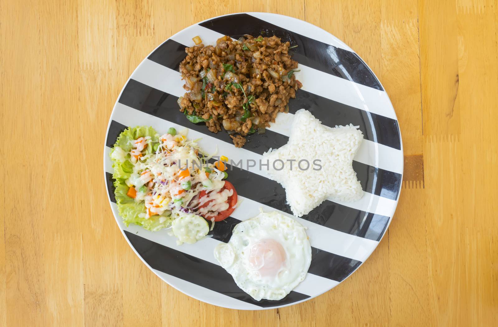 Stir-Fried Pork and Holy Basil and Salad and Fried Egg and Rice on Dish. Mix Thai Food Recipe with Salad