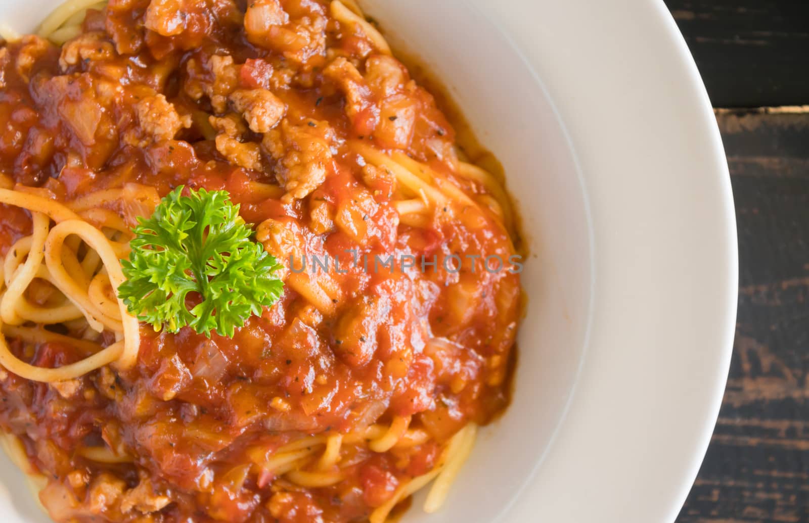 Spaghetti Tomato Sauce with Parsley and Onion and Pork Flatlay H by steafpong