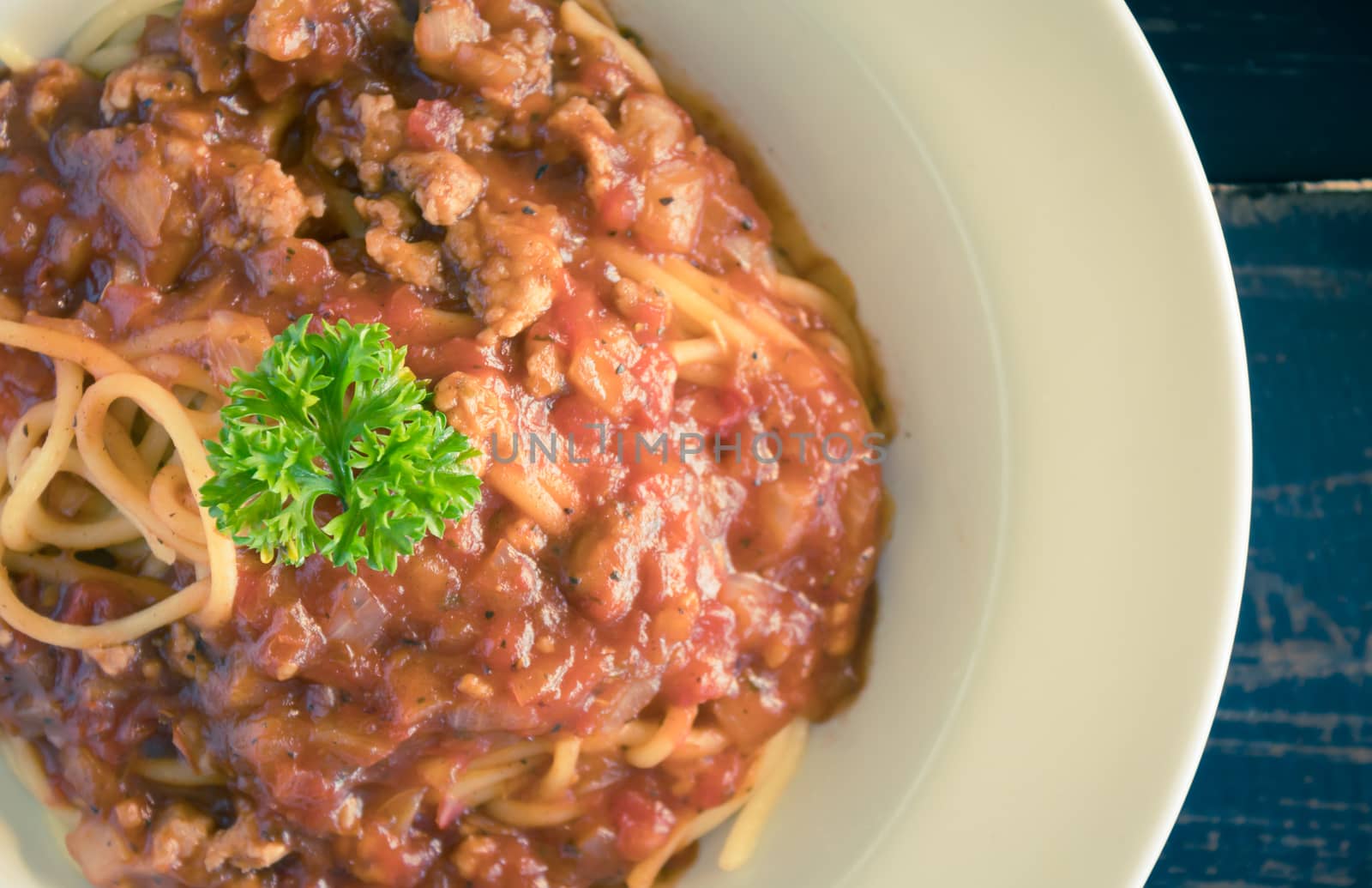 Spaghetti Tomato Sauce with Parsley and Onion and Pork Flatlay H by steafpong