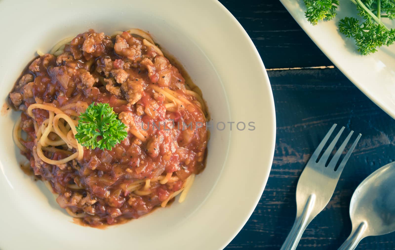 Spaghetti Tomato Sauce with Parsley and Onion and Pork Left Flat by steafpong