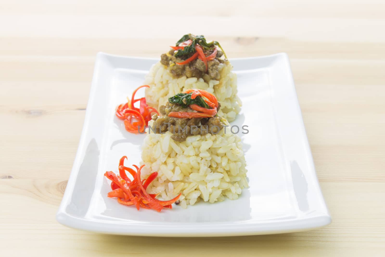 Rice Topped with Stir-Fried Pork and Basil Long View by steafpong