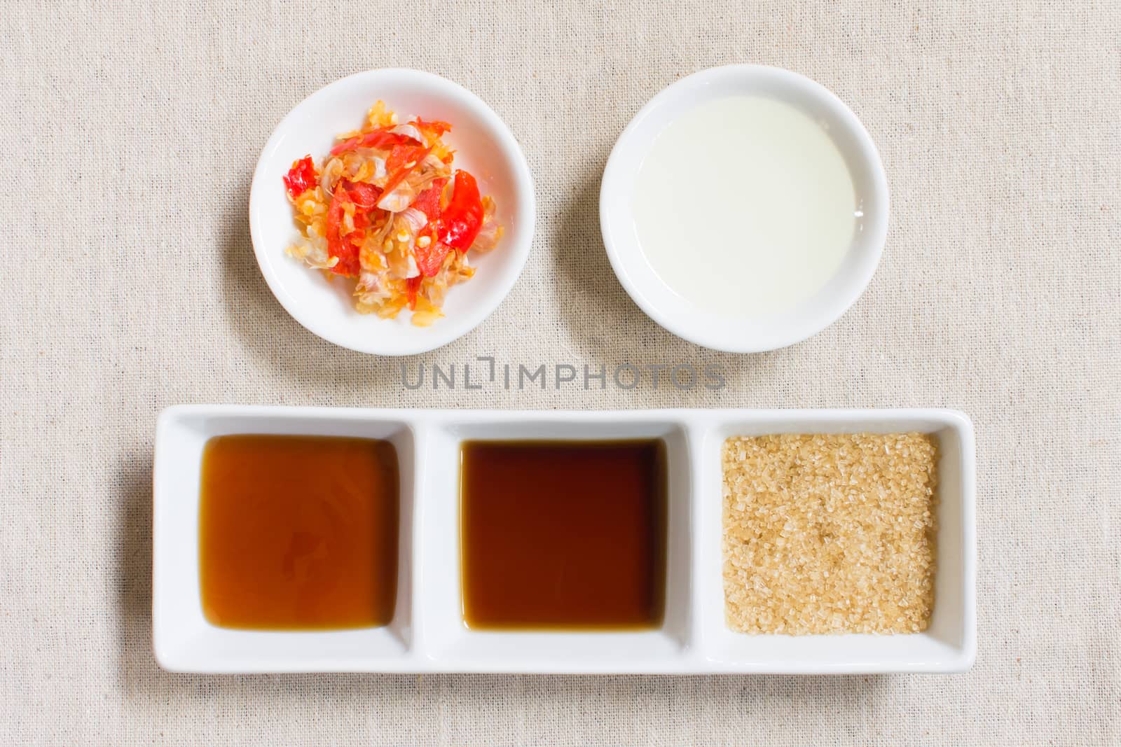 Seasoning or Ingredient of Thai Food. Granulated Sugar and Soy a by steafpong