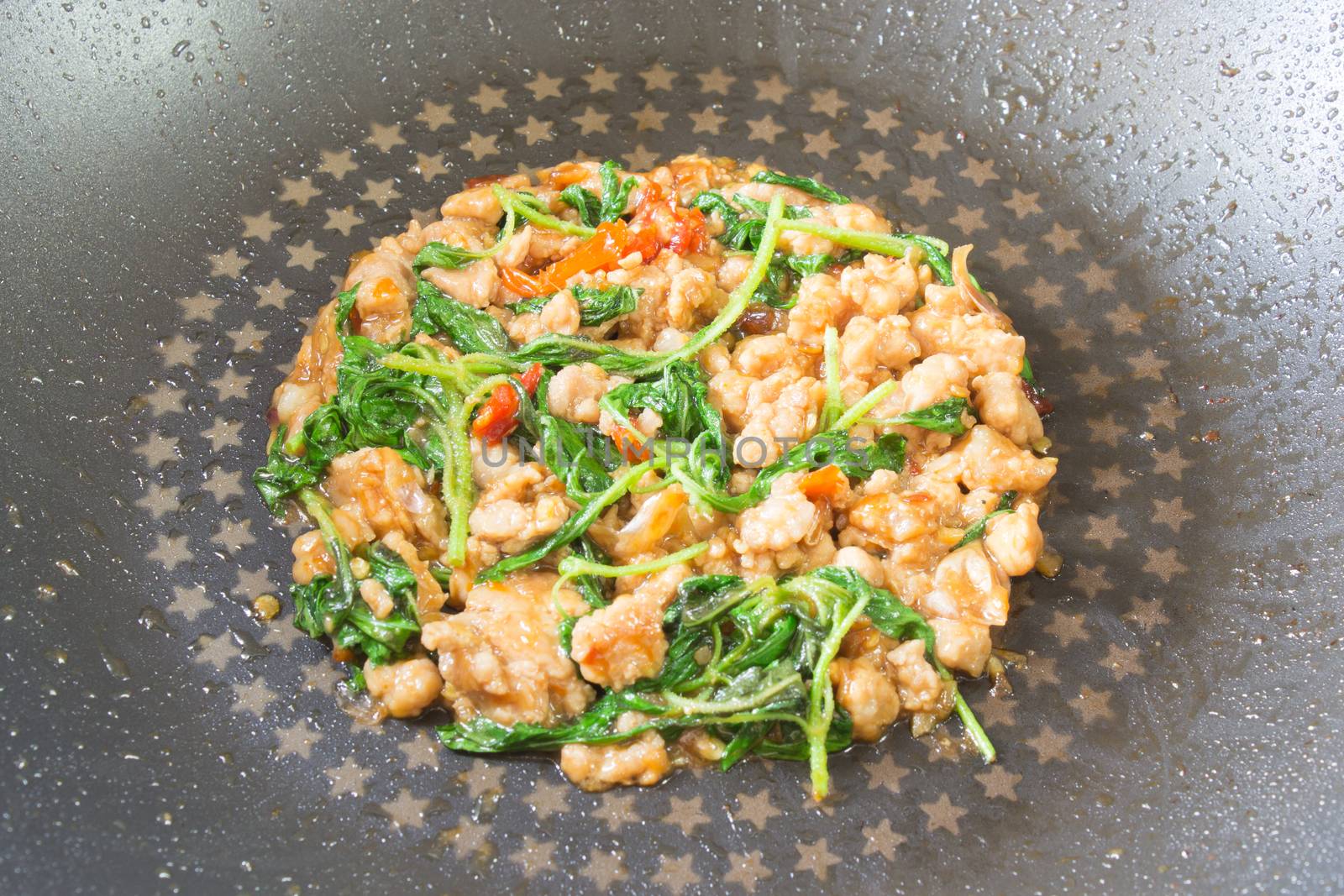 Stir-Fried Pork and Basil in Pan by steafpong