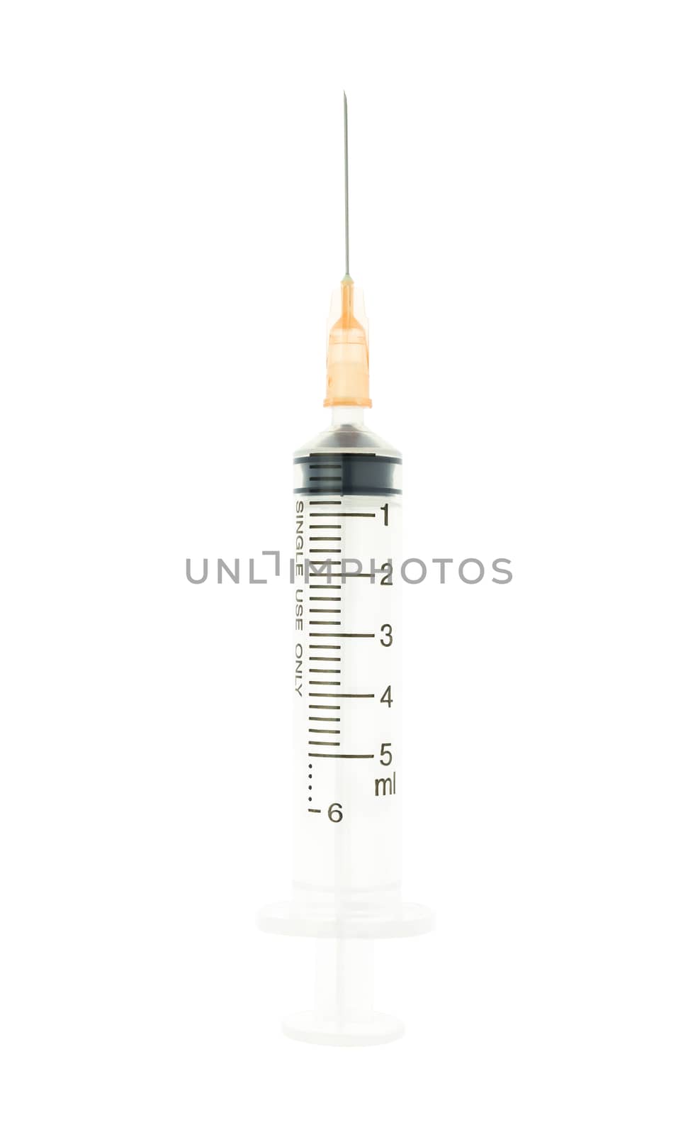 Plastic orange syringe isolated on white background on vertical view. Single use medical tool in hospital for injection.