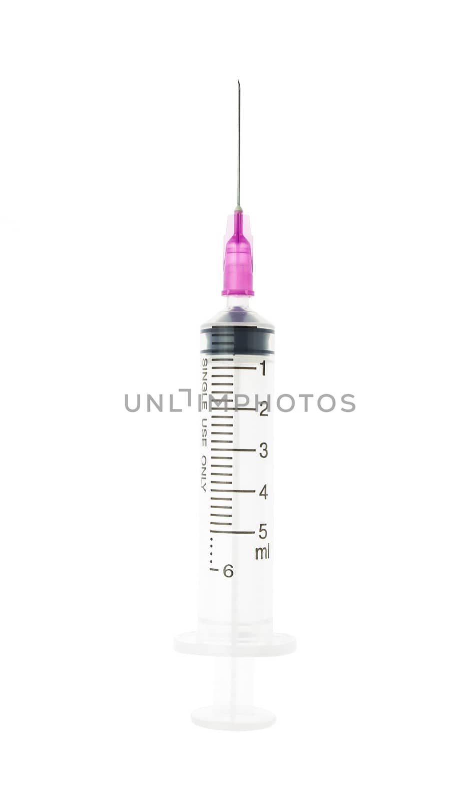 Plastic purple syringe isolated on white background. Single use medical equipment in hospital for injection.