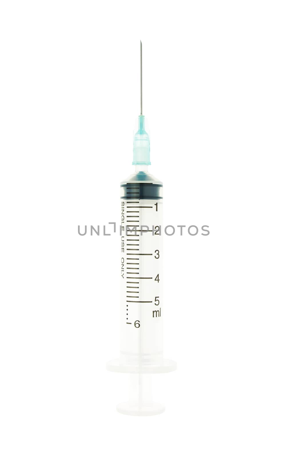 Plastic blue syringe isolated on white background on vertical view. Single use medical tool in hospital for injection.