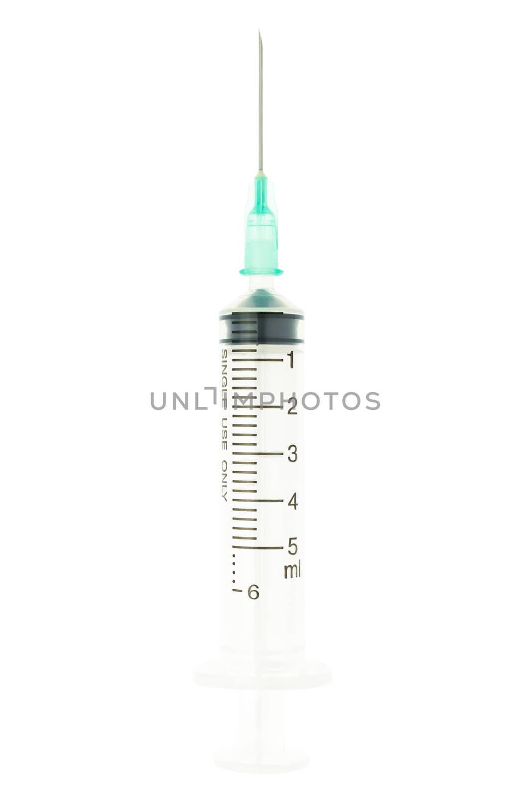 Plastic green syringe isolated on white background on vertical view. Single use medical tool in hospital for injection.