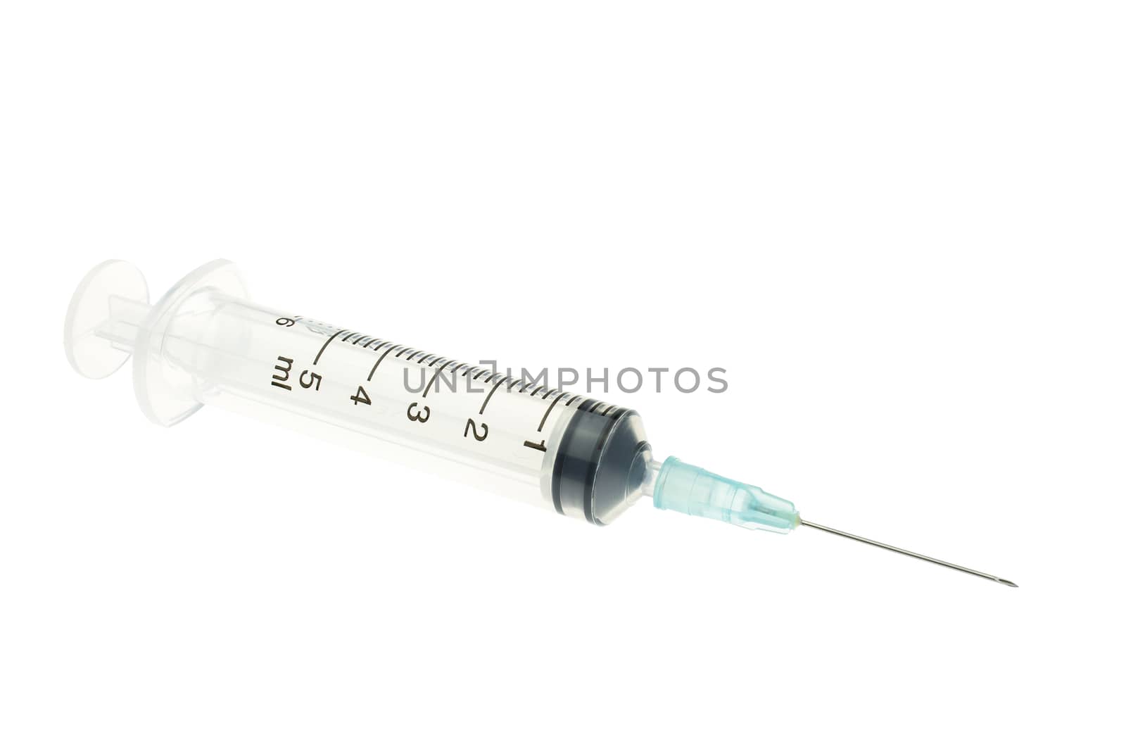 Plastic blue syringe isolated on white background. Single use medical equipment in hospital for injection.