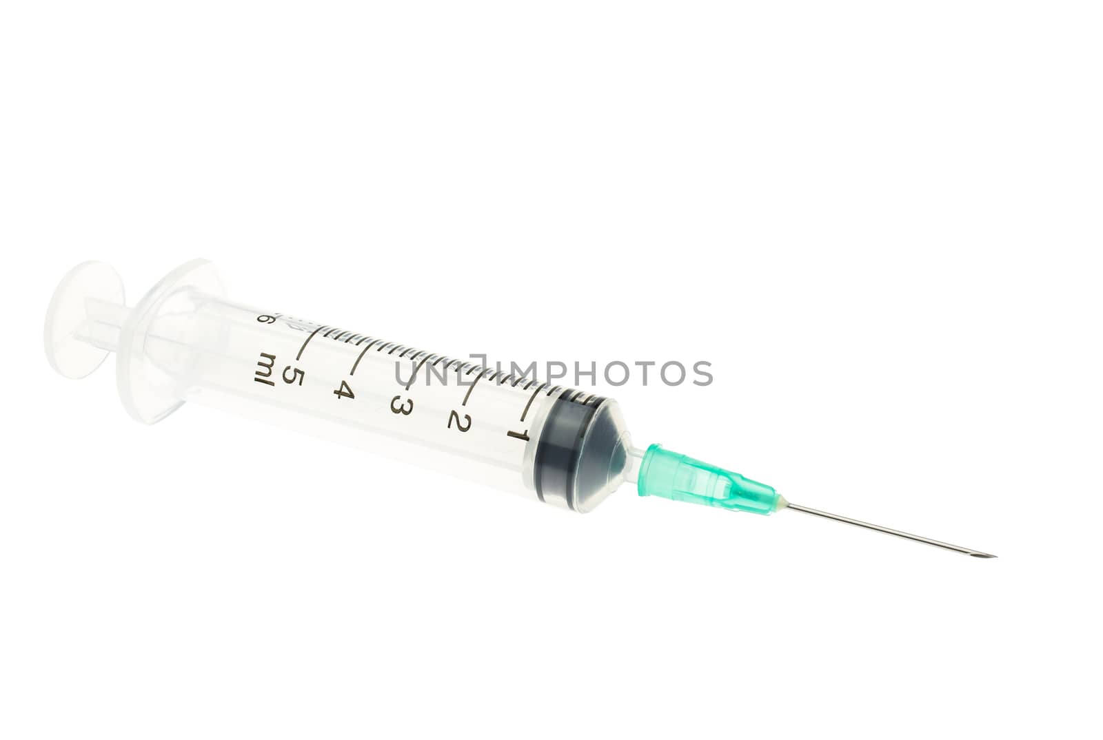 Plastic green syringe isolated on white background. Single use medical equipment in hospital for injection.