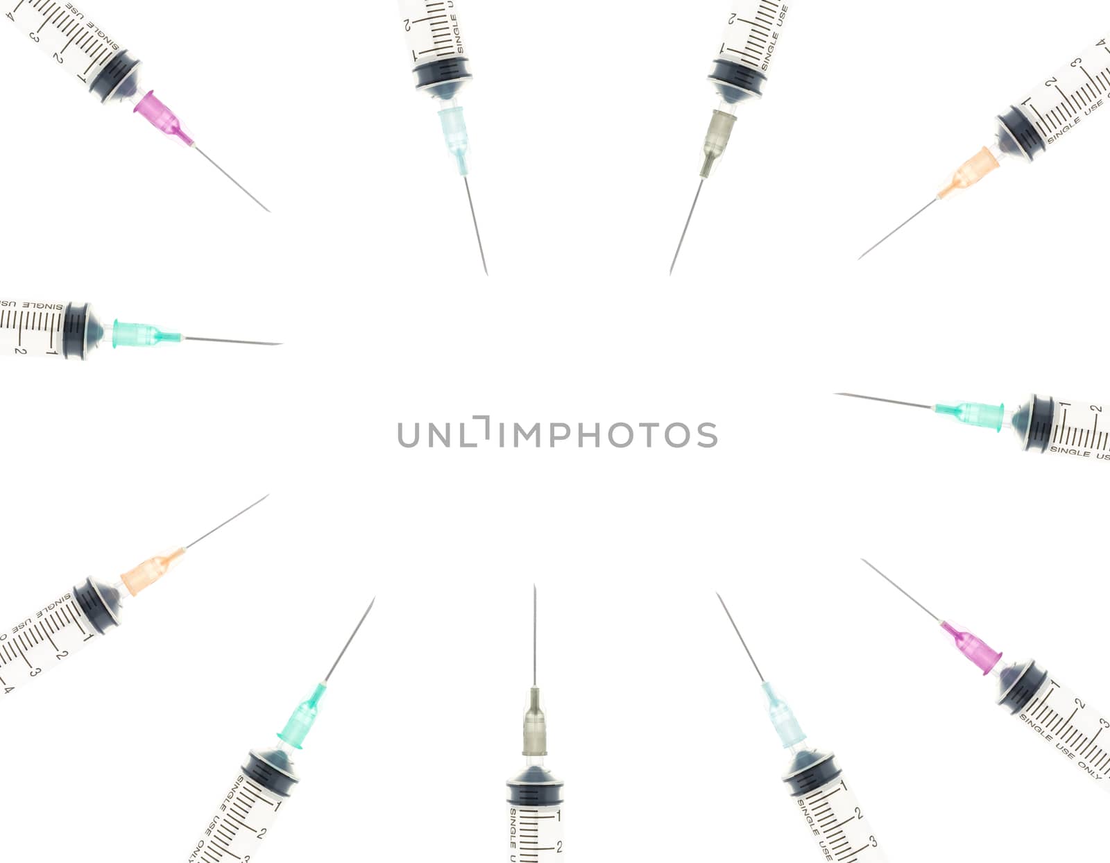 Five color needle or medical device isolated on white background on circle view. Medical background for hospital or clinic or health design.