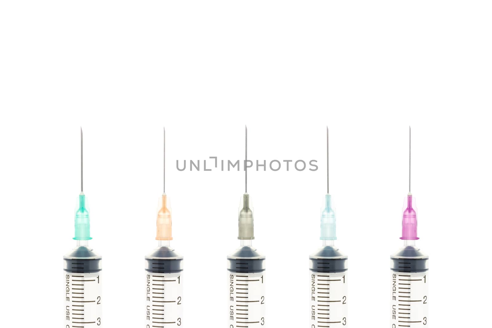 Five color needle or medical device isolated on white background. Medical background for hospital or clinic or health design.