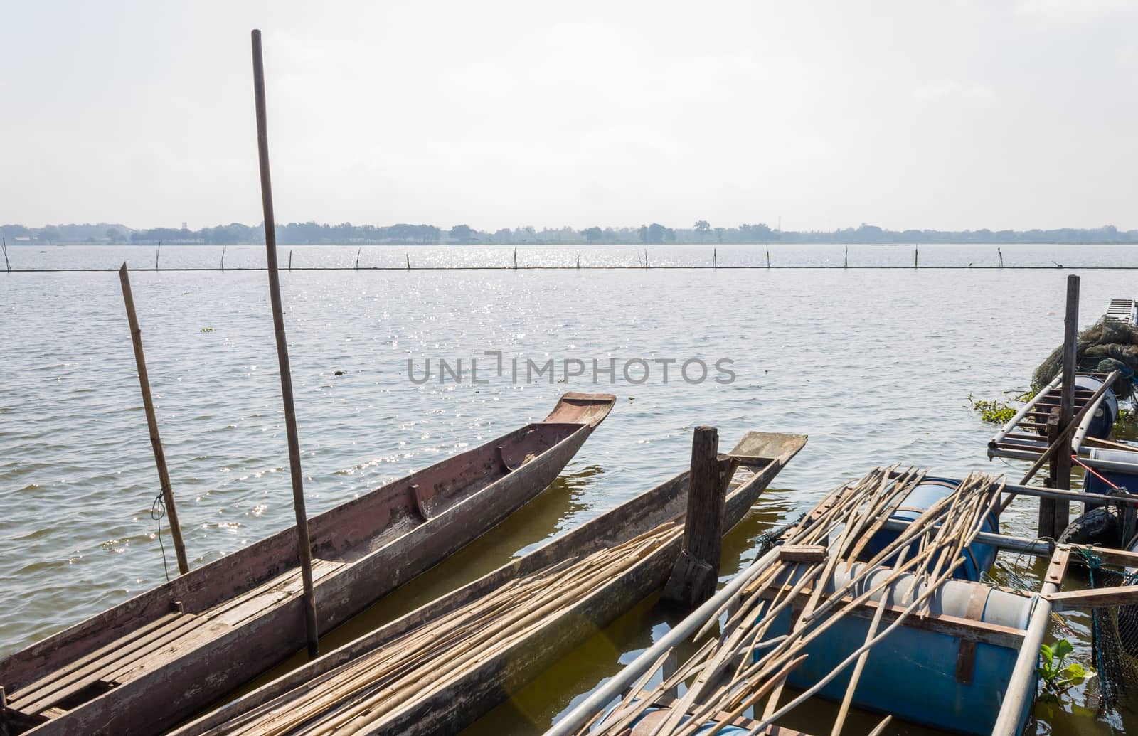 2 Wood Fishing Boat or Rowboat on Swamp with Wood Boat Pole. Wood fishing boat or rowboat or gondola of villagers stop at harbor or port. Wood fishing boat for tradition or culture 
scene with tree and bamboo