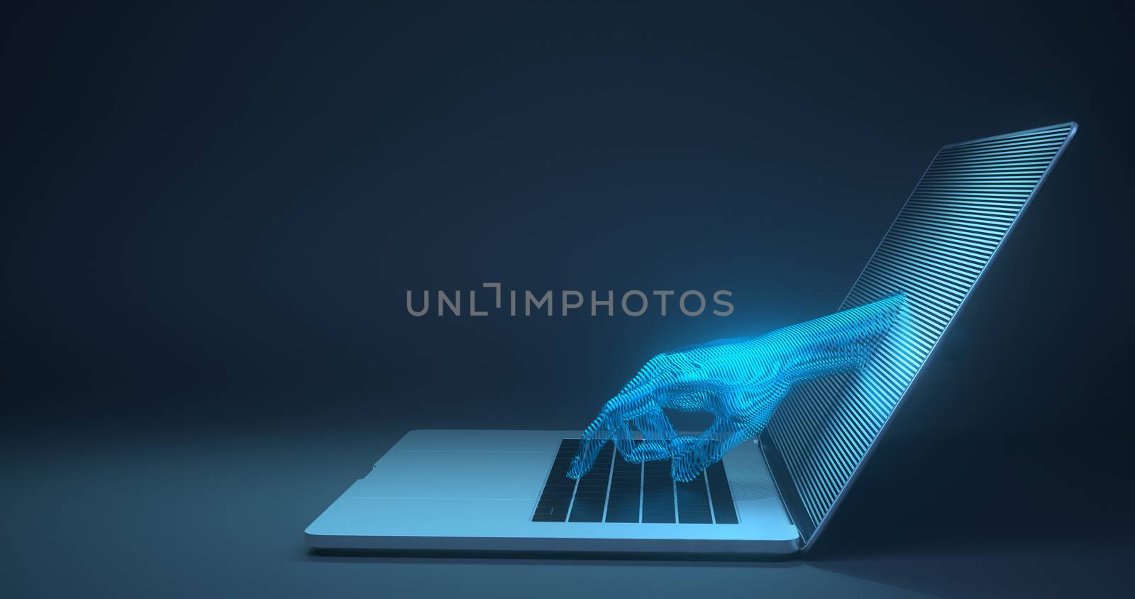 3d rendering of laptop and hand touch screen.
