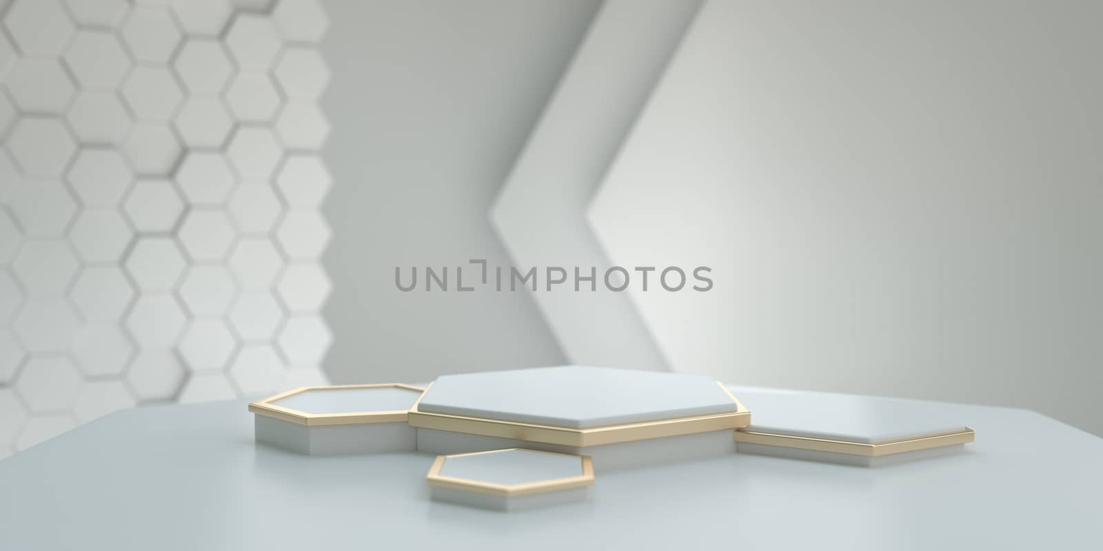 3d rendering of white hexagonal podium. by FREEDOM-ELEMENT