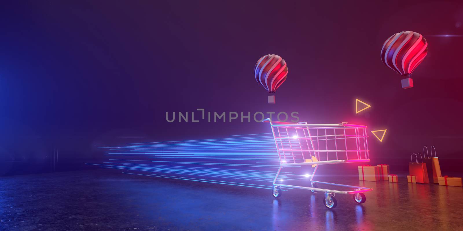 3d rendering of shopping cart and neon light.
