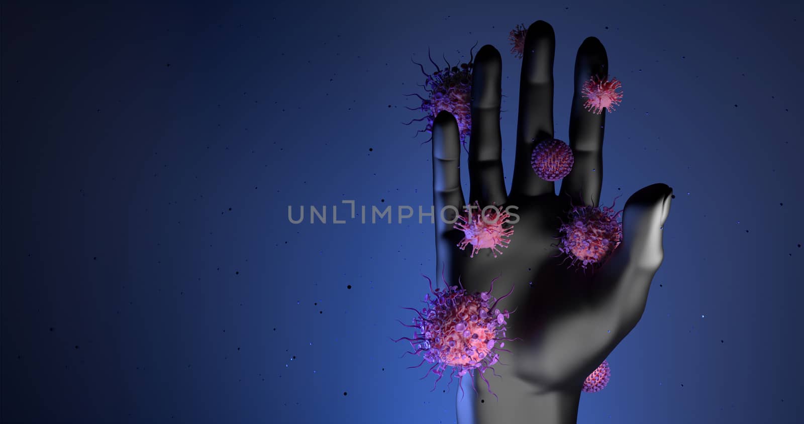 3d rendering of virus and hand.