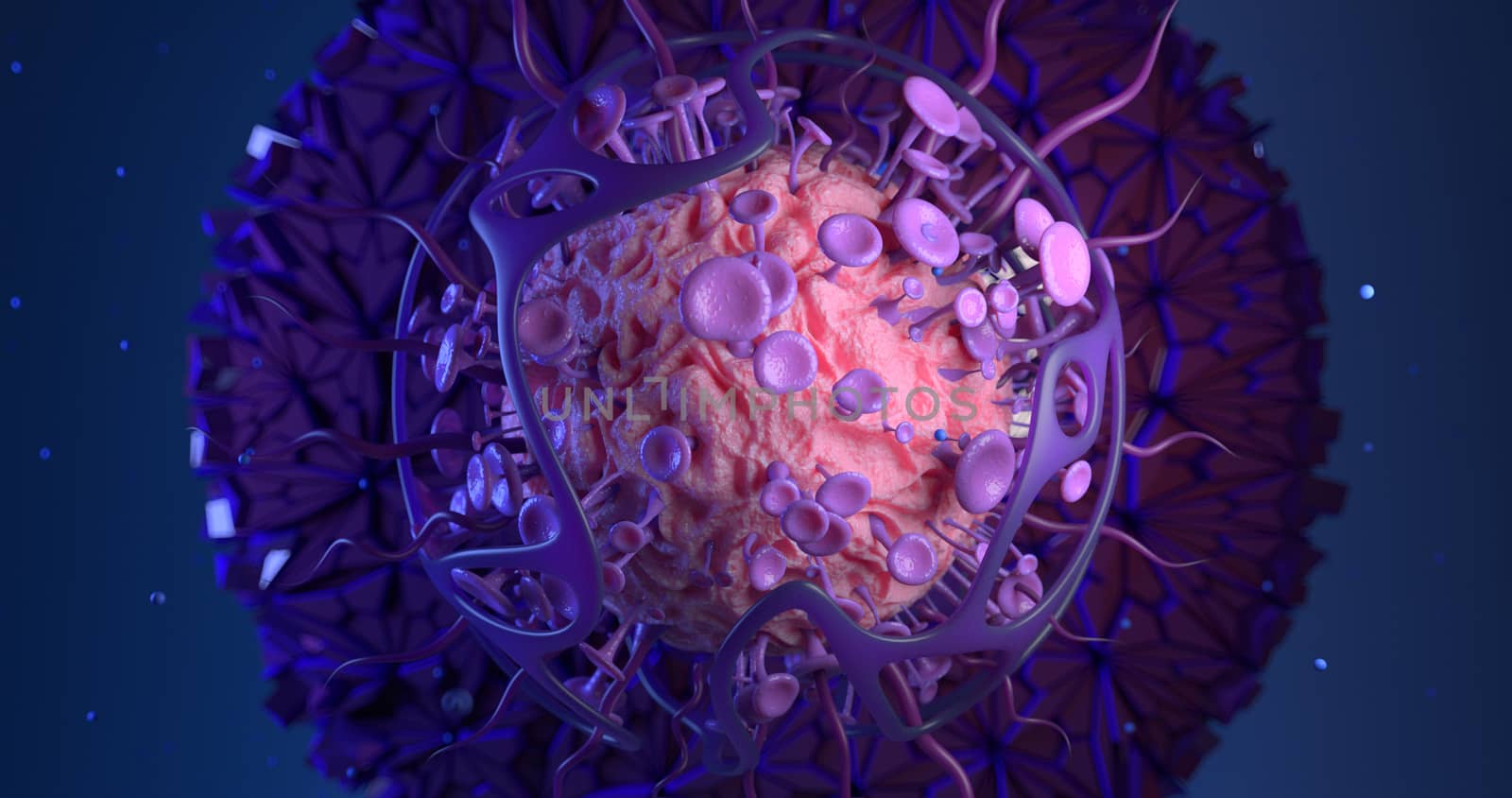 3d rendering of virus and cell.
