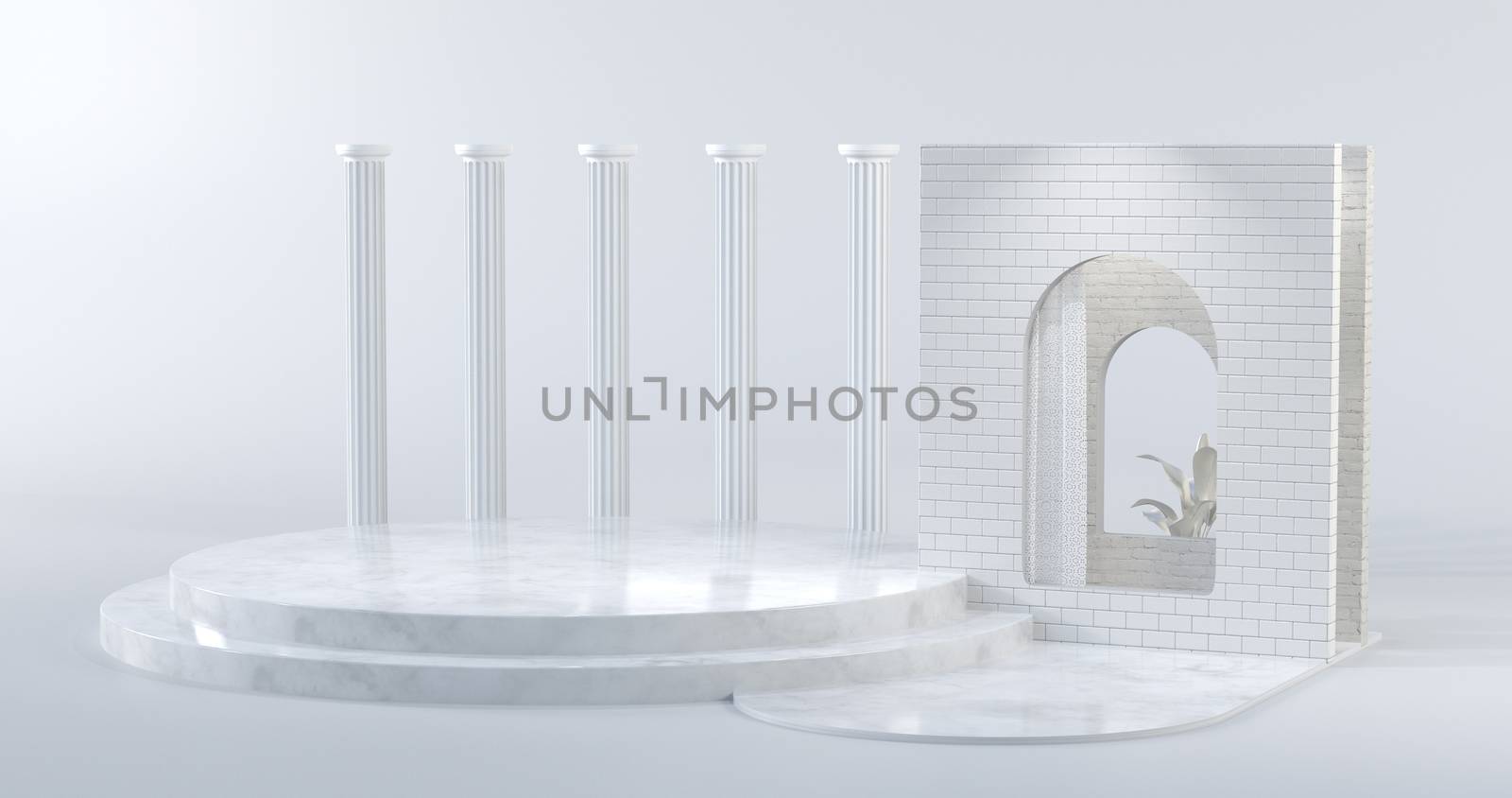 3d rendering of marble podium and Greek columns.
