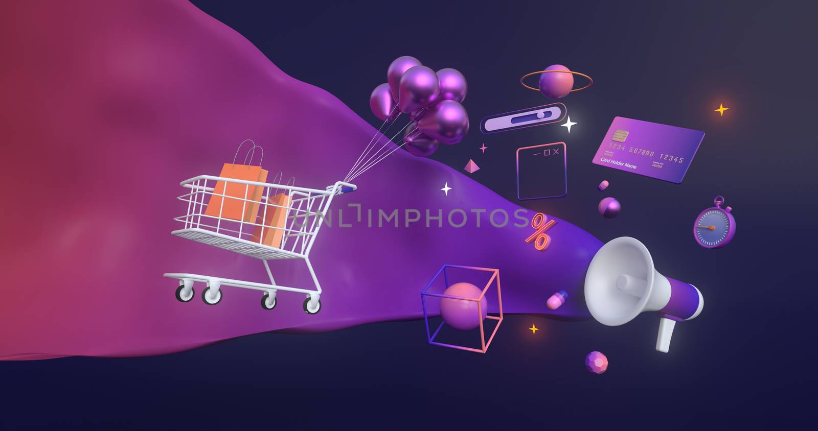 3d rendering of magaphone and shopping cart. by FREEDOM-ELEMENT