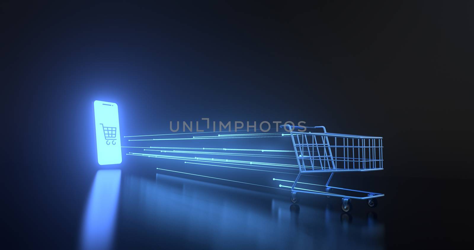 3d rendering of smartphone and shopping cart.