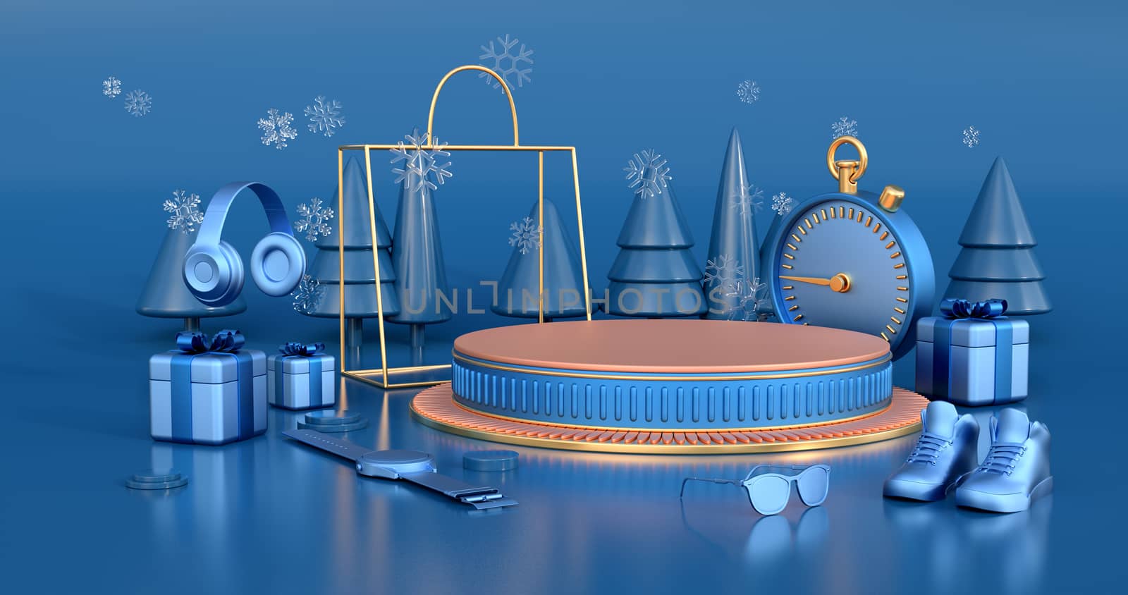 3d rendering of golden podium and Christmas tree.