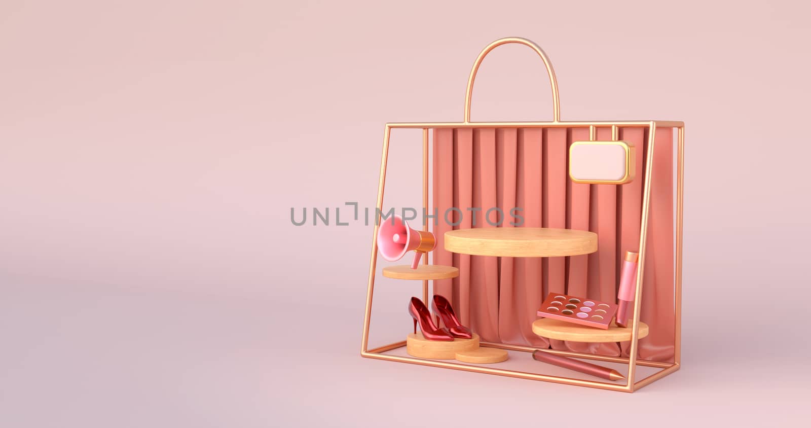 3d rendering of the wooden podium and golden bag outline by FREEDOM-ELEMENT