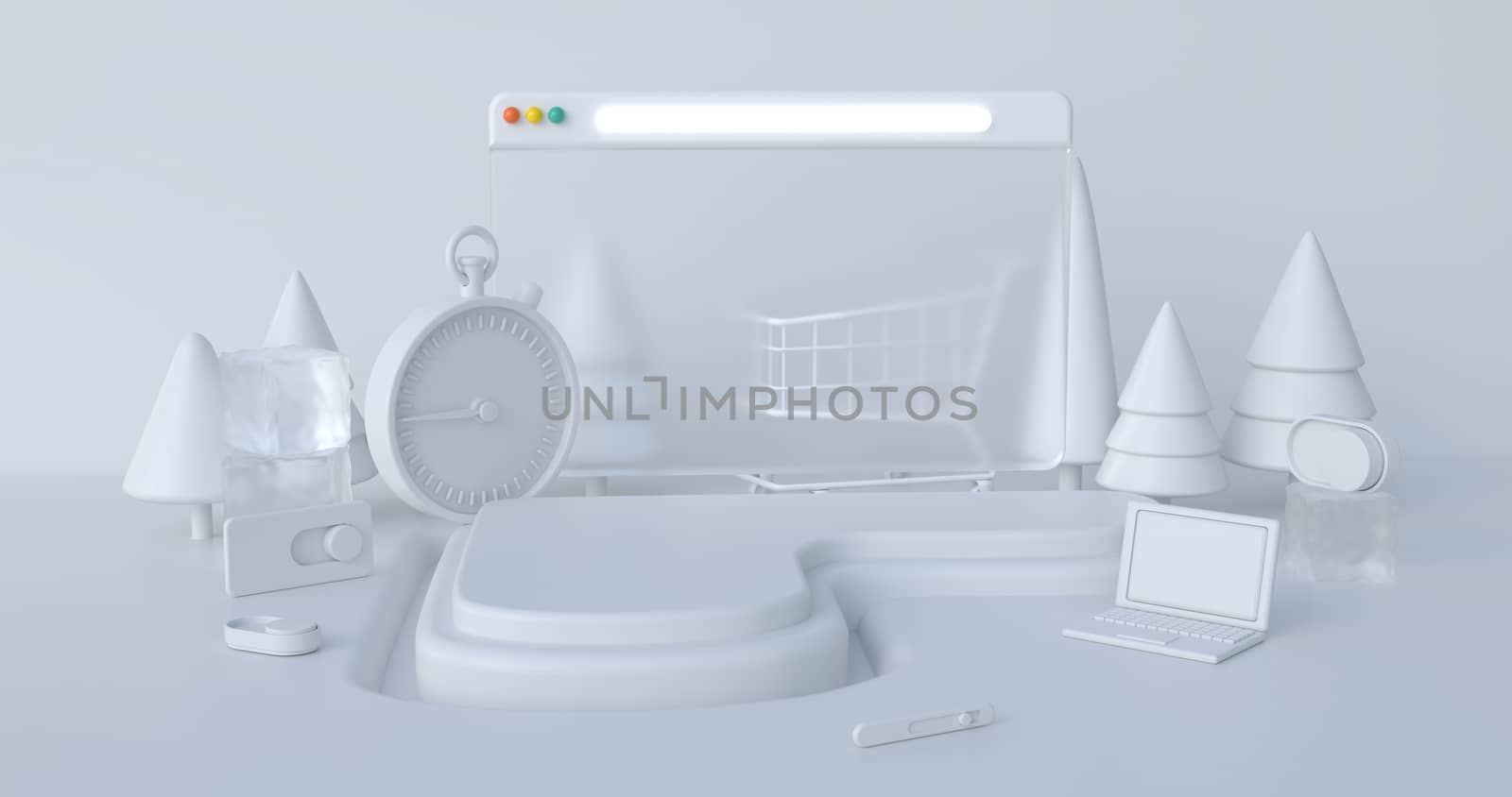 3d rendering of white podium and website icon.