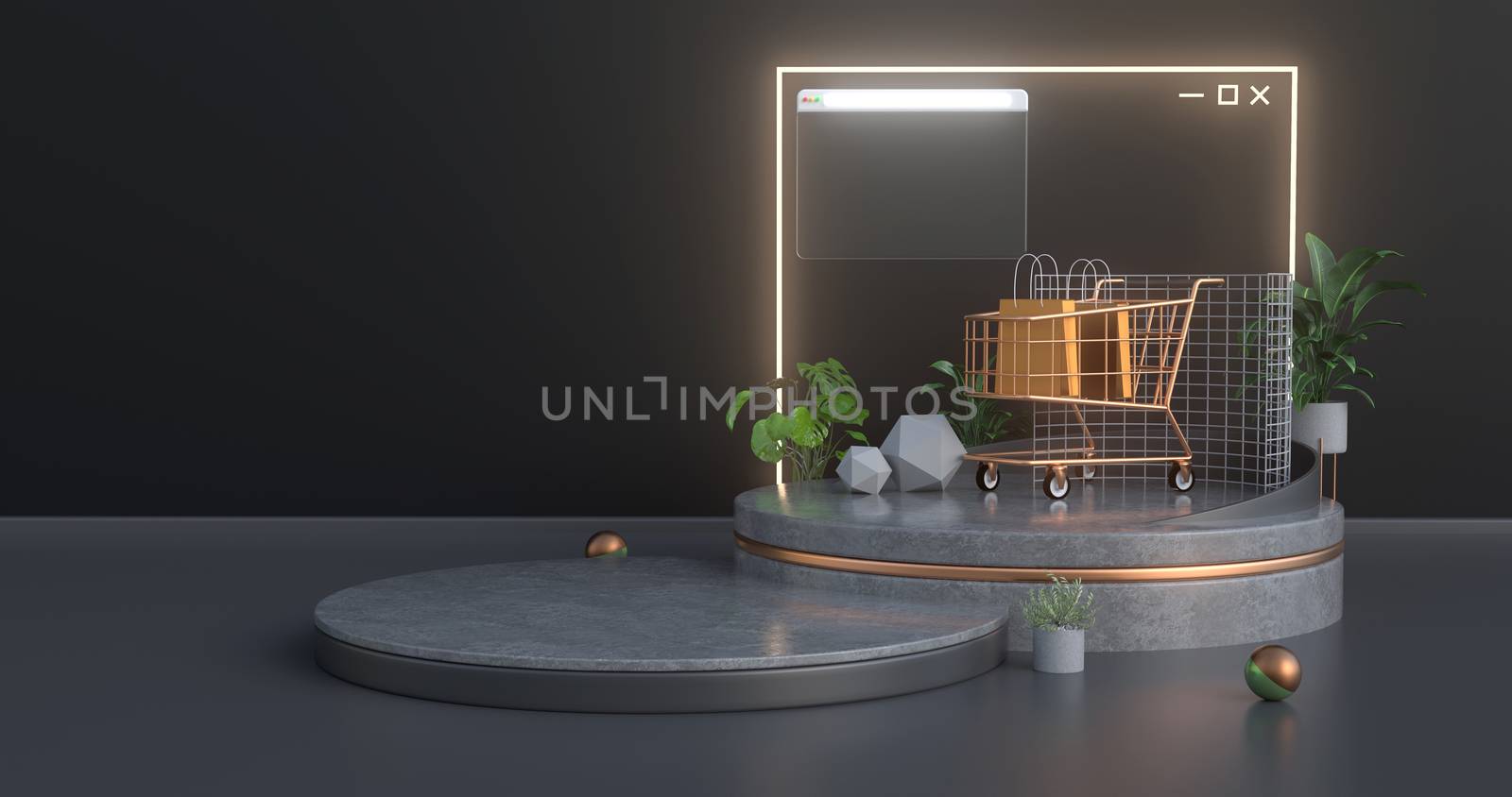 3d rendering of shopping cart and concrete podium.
