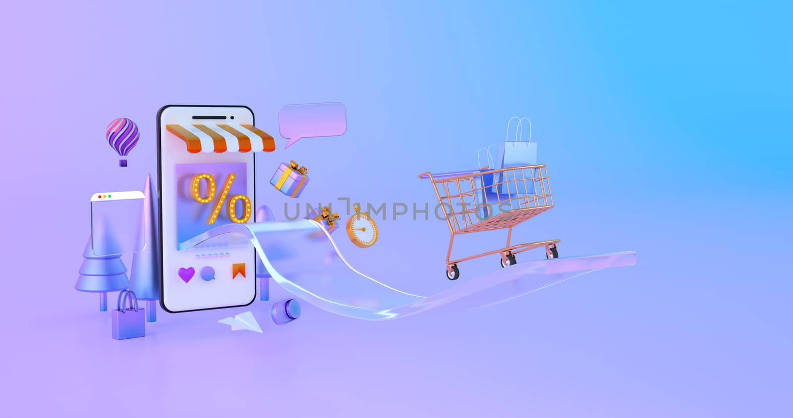 3d rendering of gold shopping cart with smartphone. by FREEDOM-ELEMENT