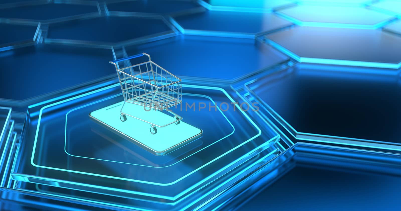 3d rendering of smartphone and shopping cart.
