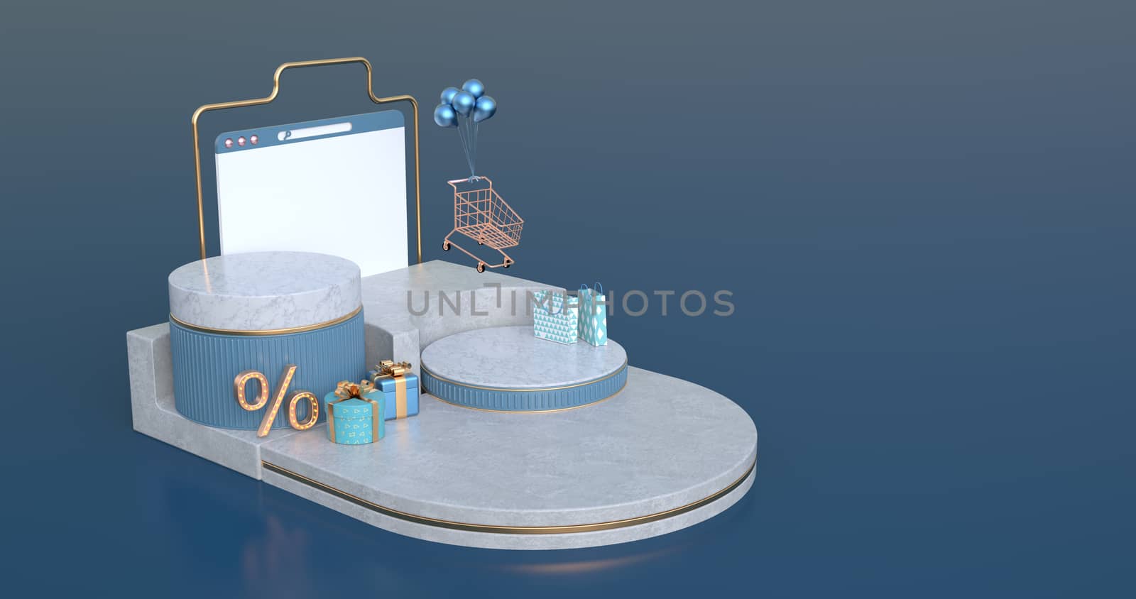 3d rendering of shopping cart and podium.
