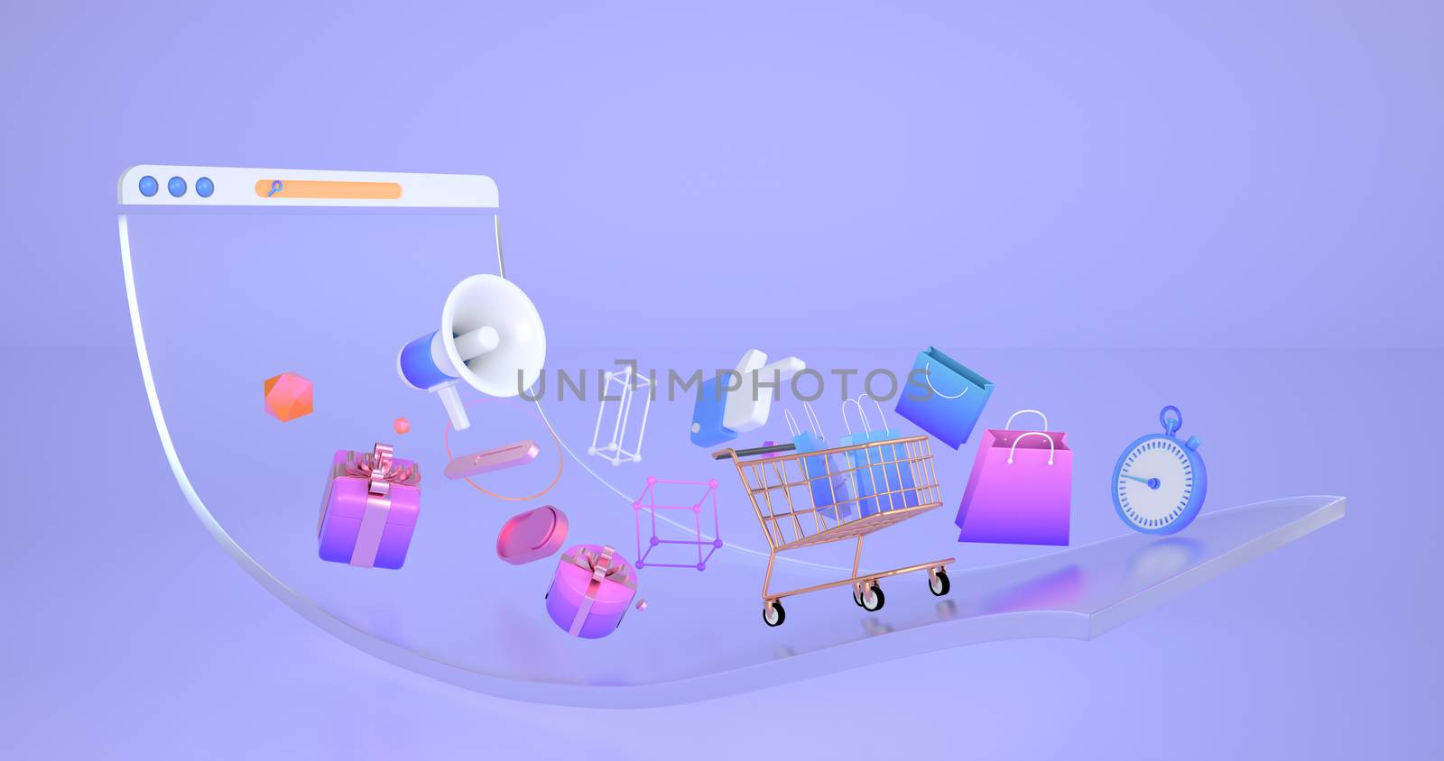 3d rendering of website and shopping cart.