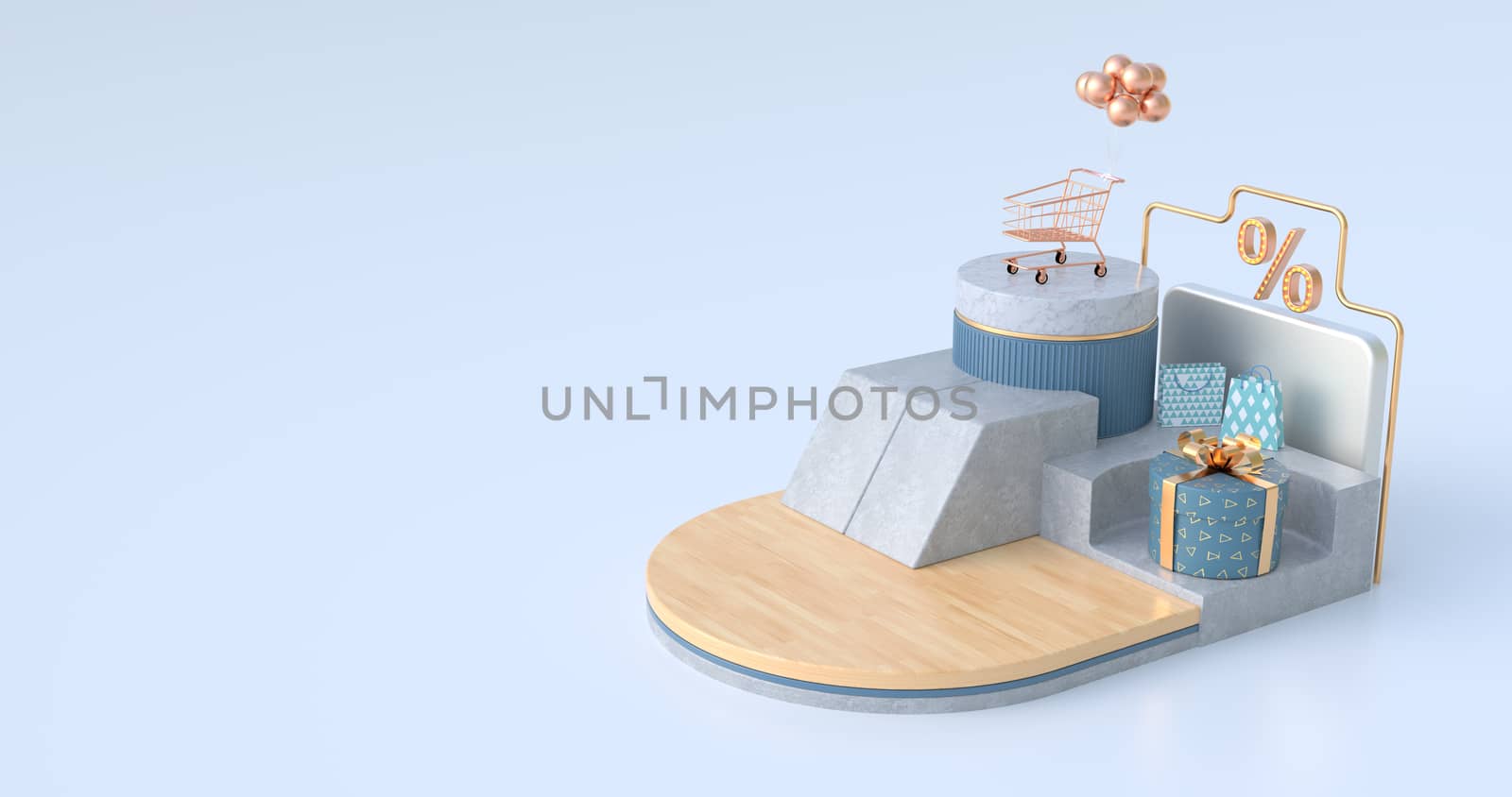 3d rendering of shopping cart and podium.
