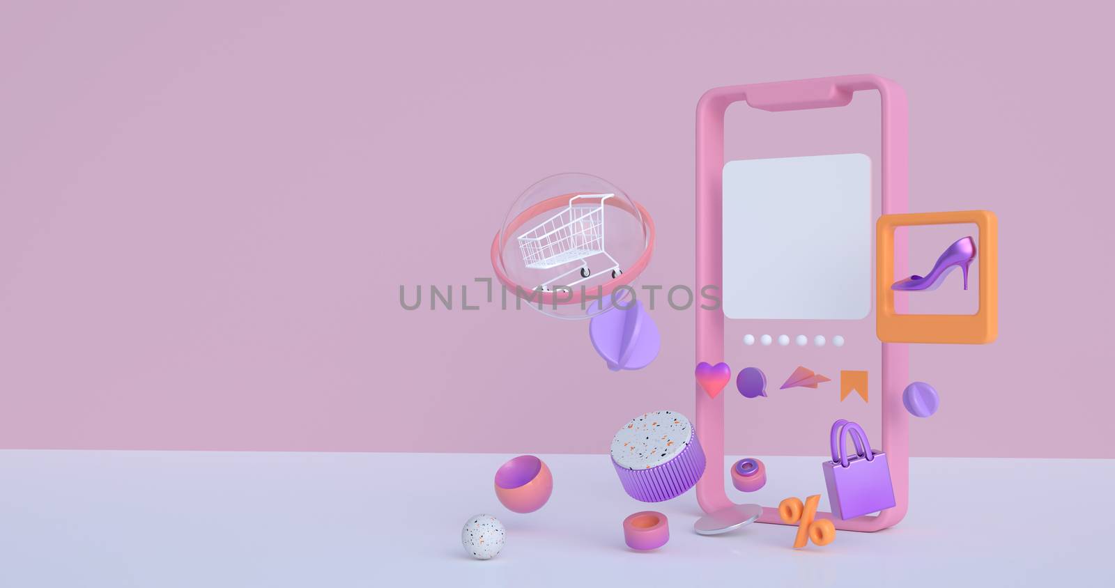 3d rendering of smartphone and shopping cart. by FREEDOM-ELEMENT