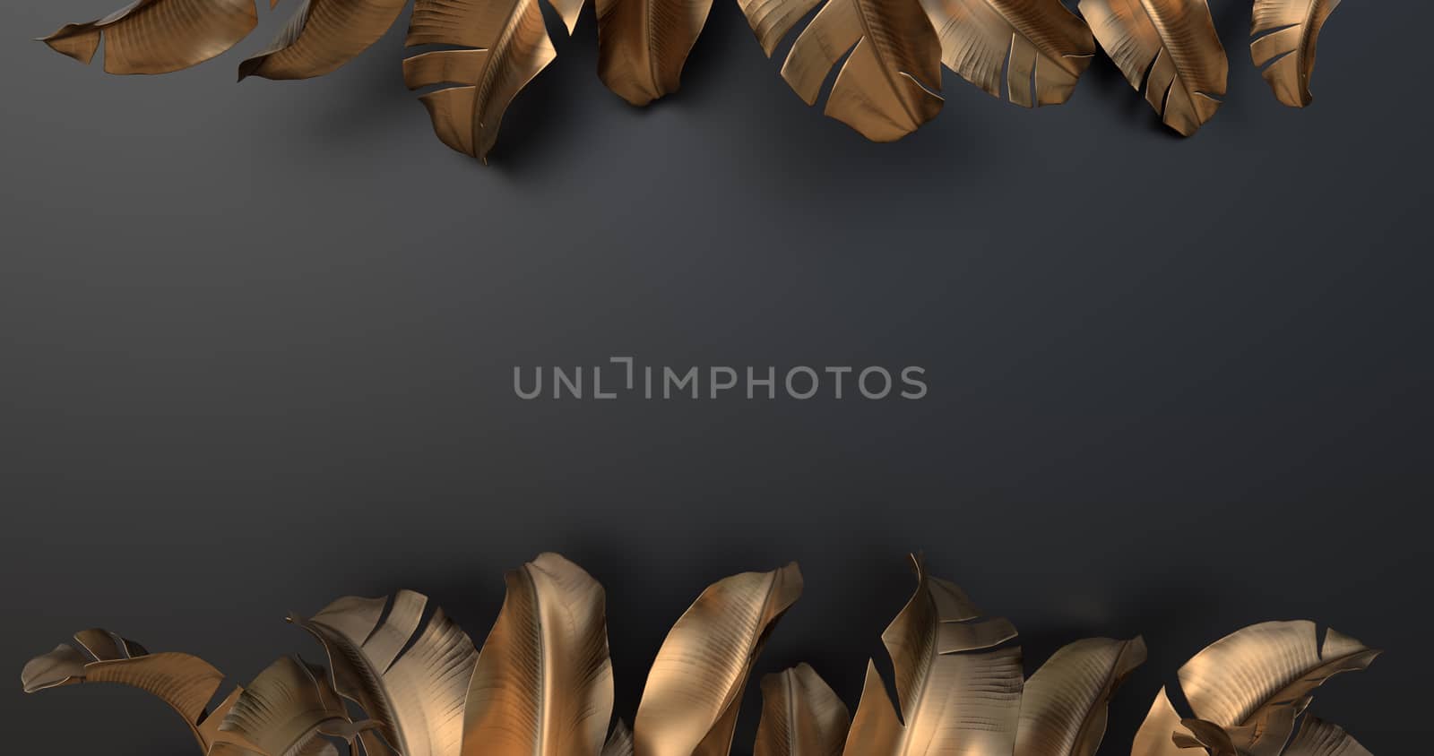 3d rendering of banana leaves and black background.