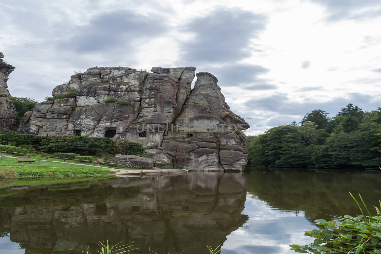 Beautiful rocky landscape with unique Mystic rock formation in a dramatic sky.
