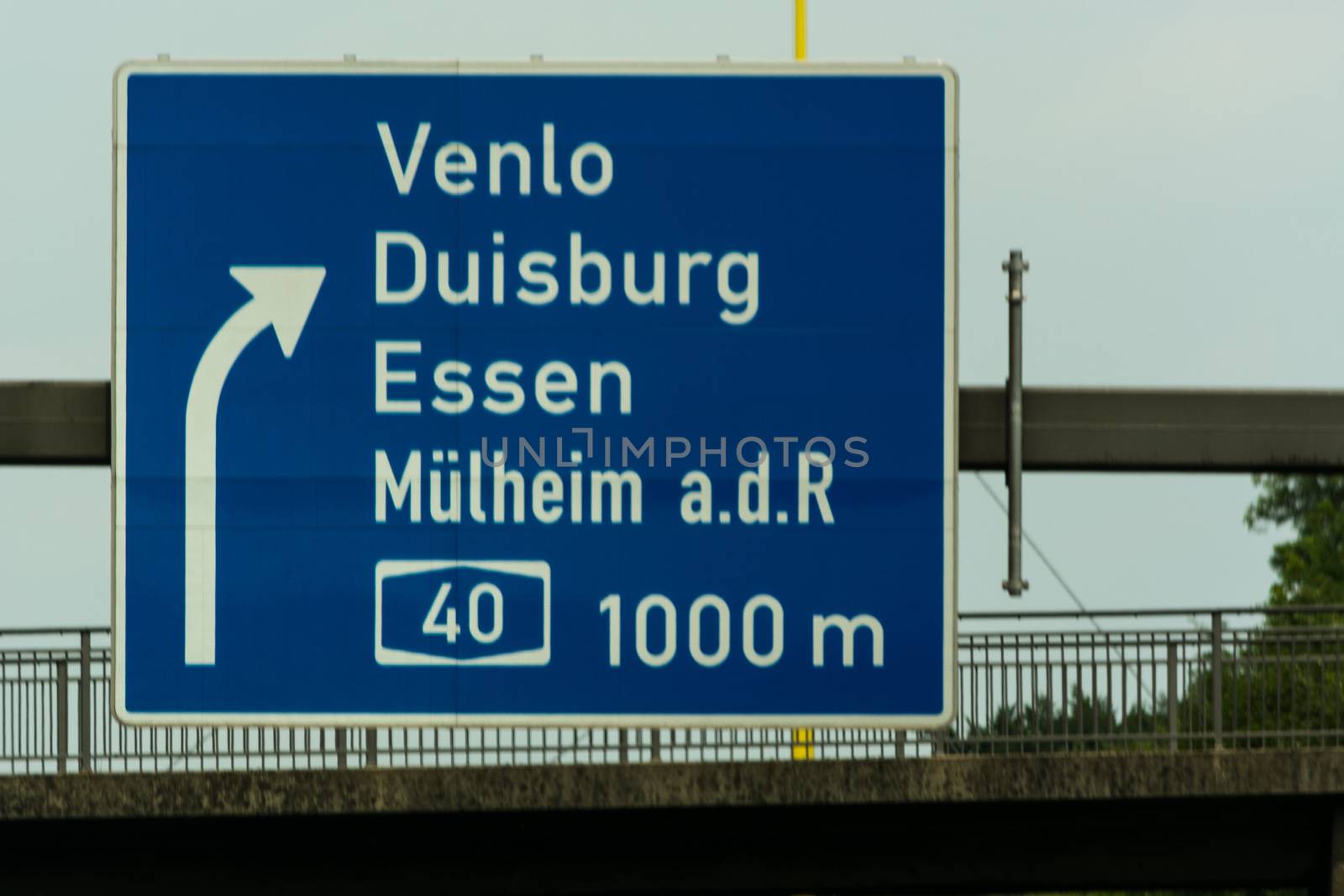 Highway sign, directional sign on the motorway A 3, direction Venlo, Duisburg, Essen, Muelheim an der Ruhr, Oberhausen, Arnhem and Highway crossing Kaiserberg.