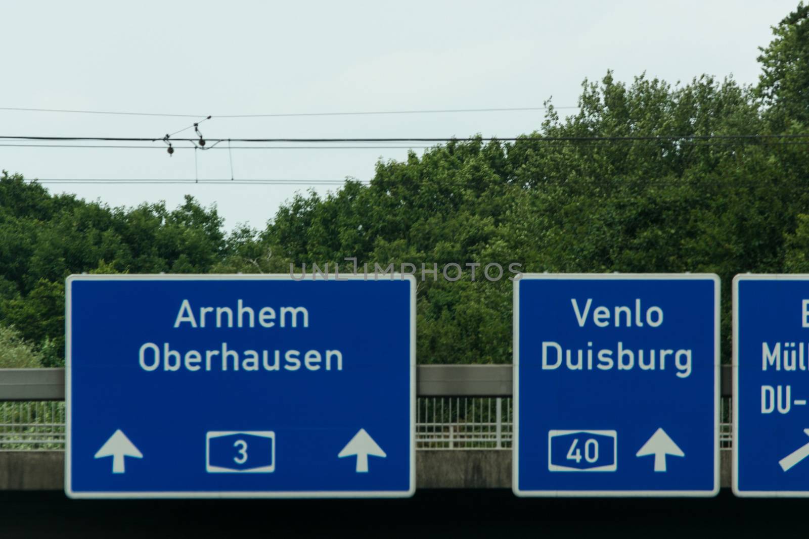 Highway sign, directional sign on the motorway A 3, direction Venlo, Duisburg, Essen, Muelheim an der Ruhr, Oberhausen, Arnhem and Highway crossing Kaiserberg.