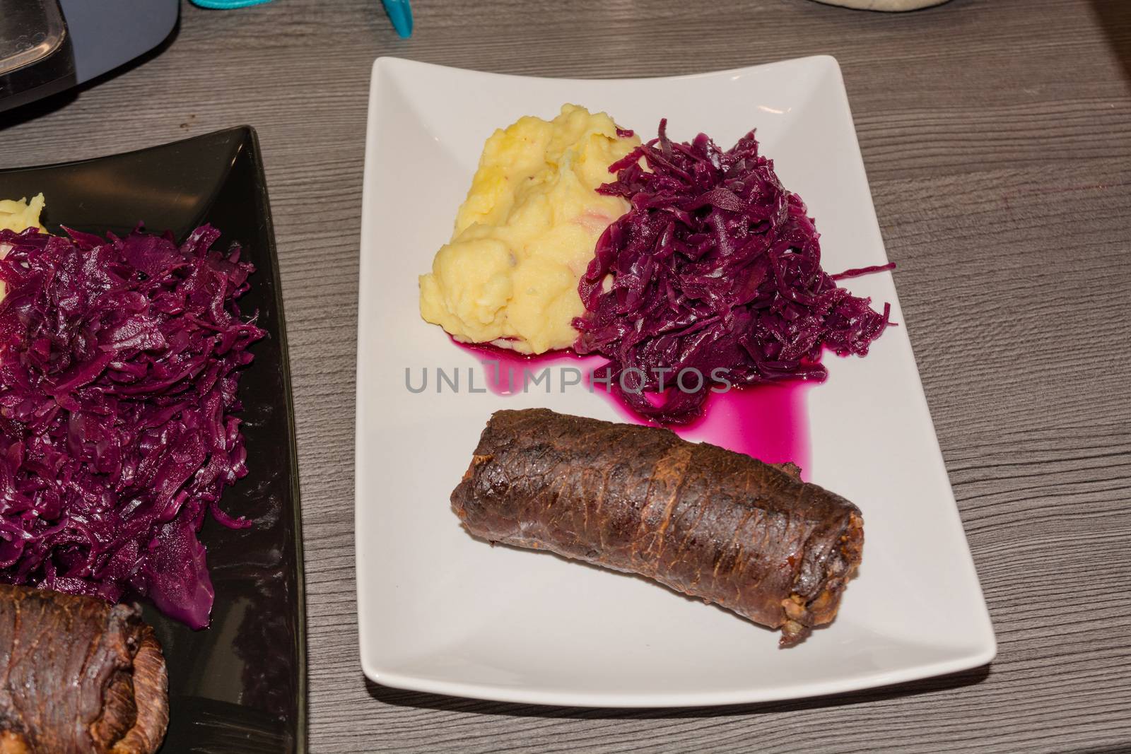 Beef roulade with red cabbage and mashed potatoes