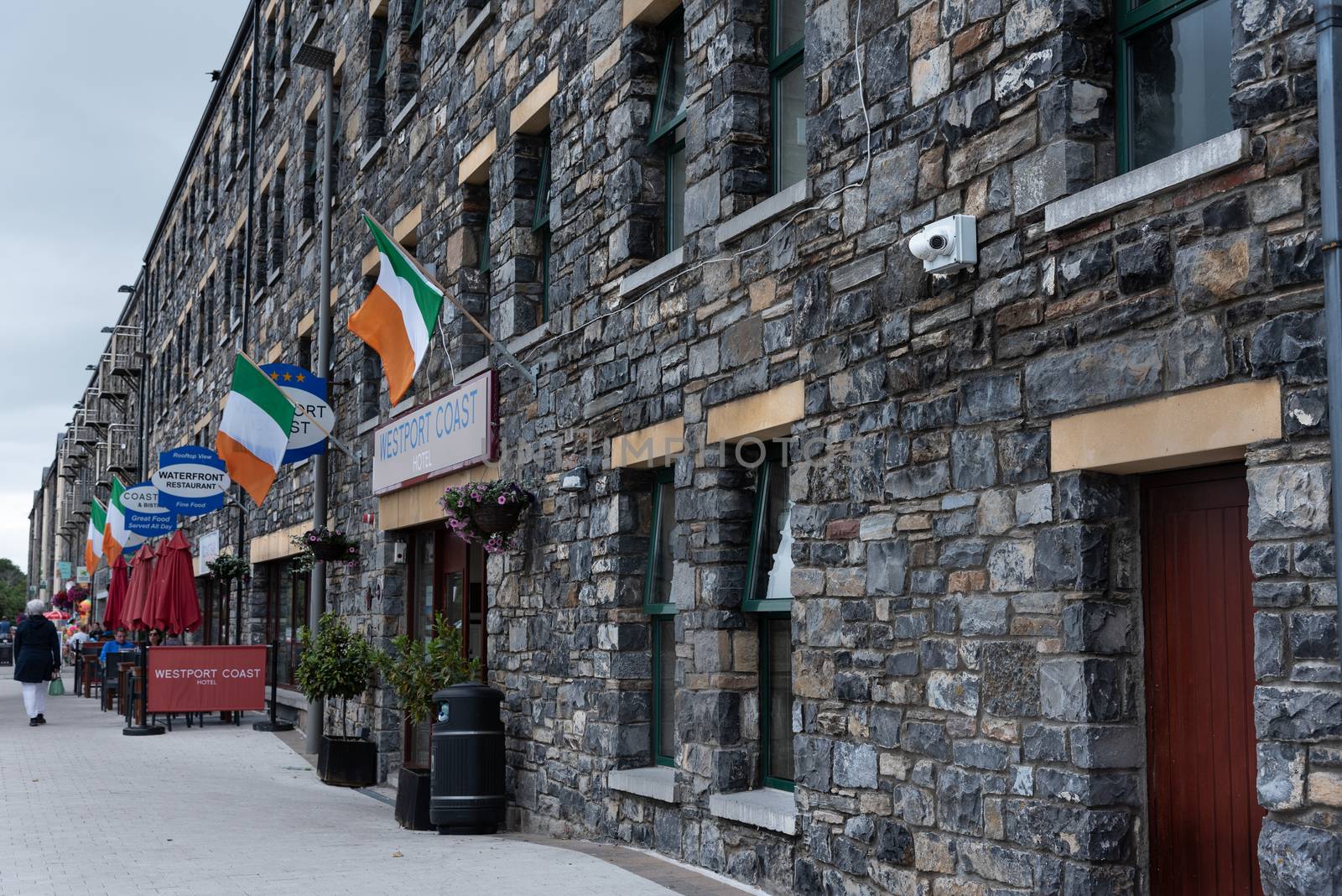 Westport, Ireland -- July 14, 2018. Shops, hotels and restaurants cater to tourists visiting the Westport Coast.