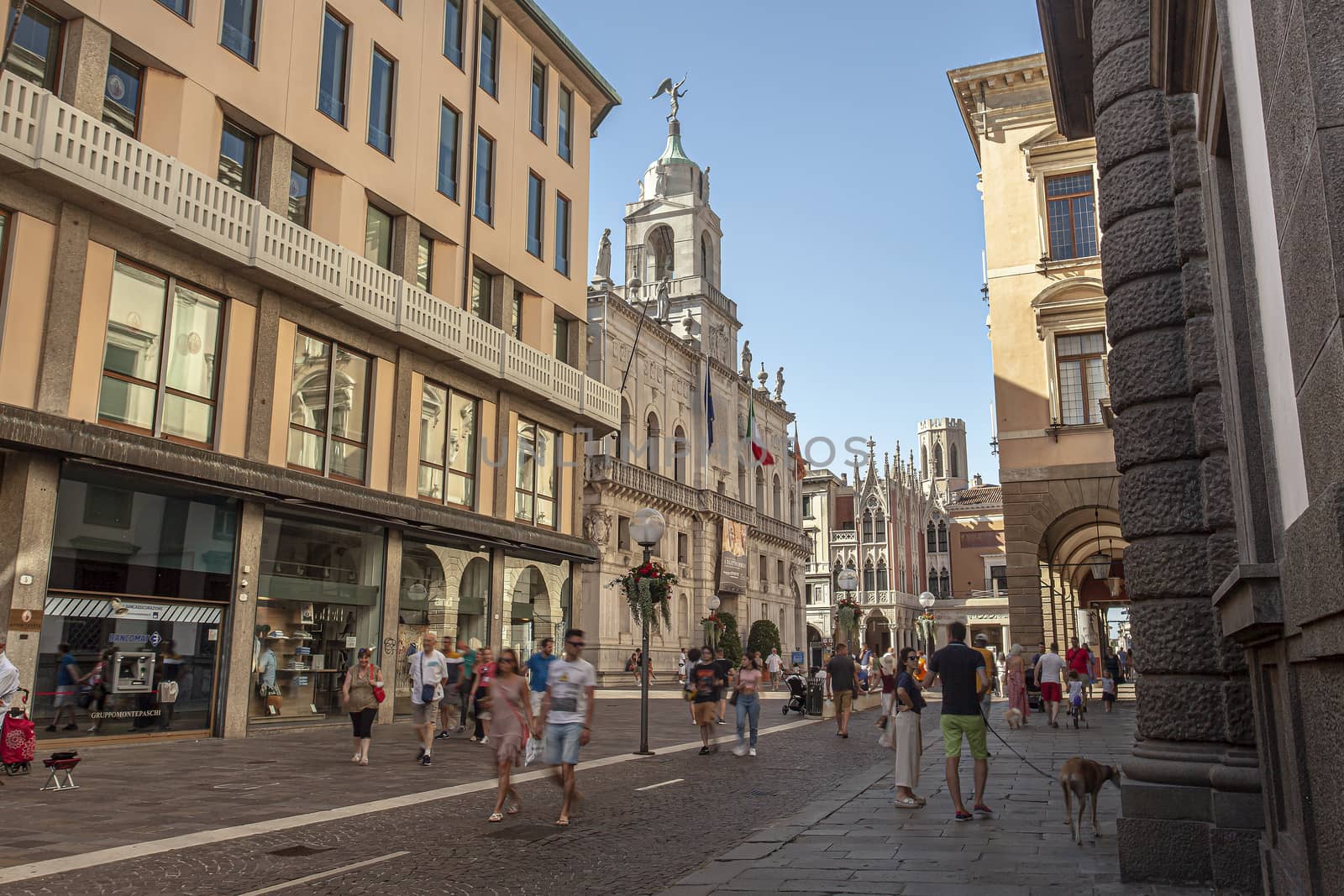 PADOVA, ITALY 17 JULY 2020: Piazza Cavour in Padua in Italy with people walking on the street