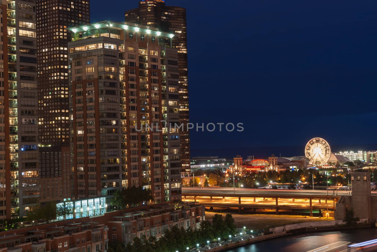 Chicago buildings, overground railway, urban road and lights str by brians101