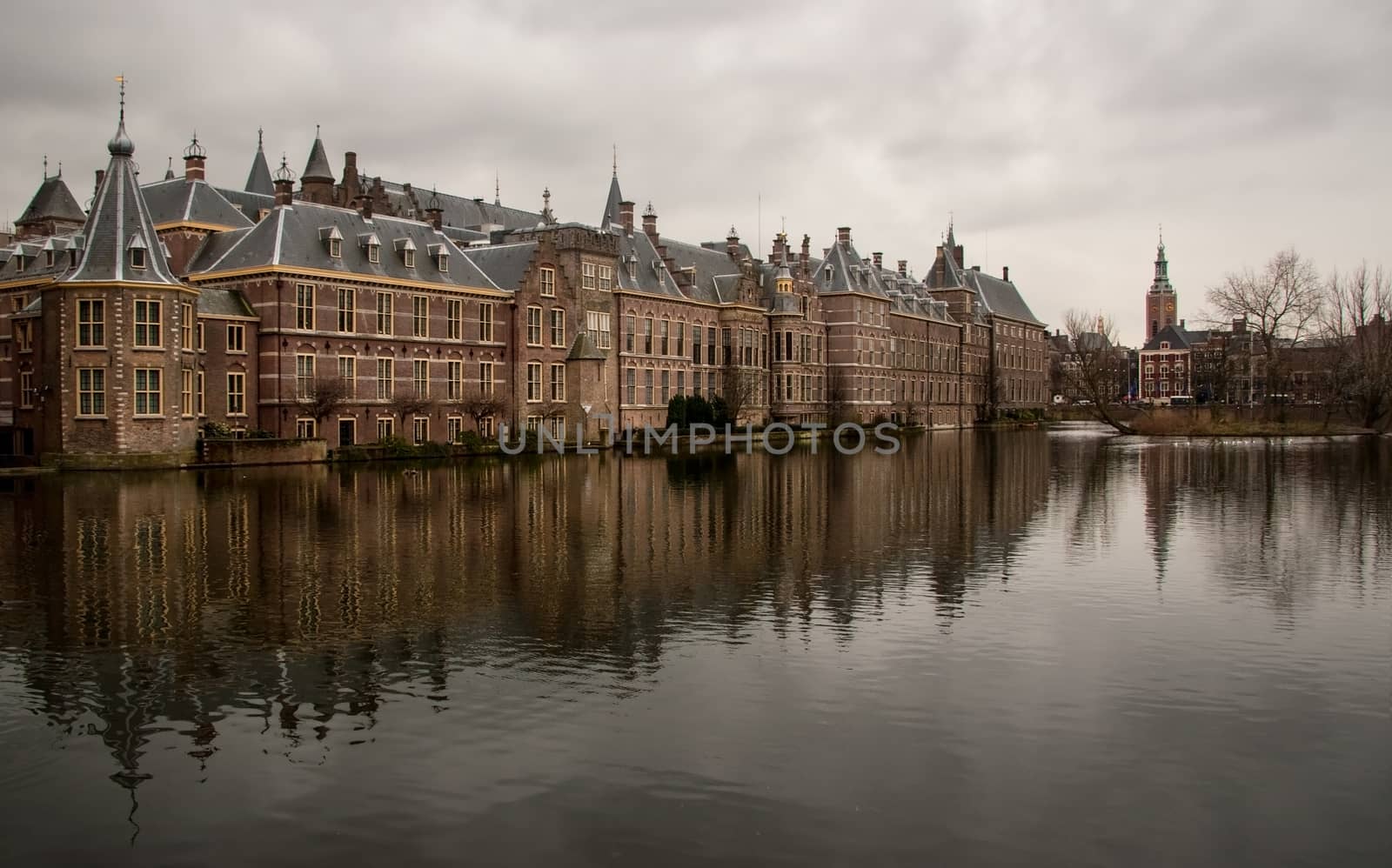 Dutch parliament on overcast day reflected in water on nearby la by Ivanko