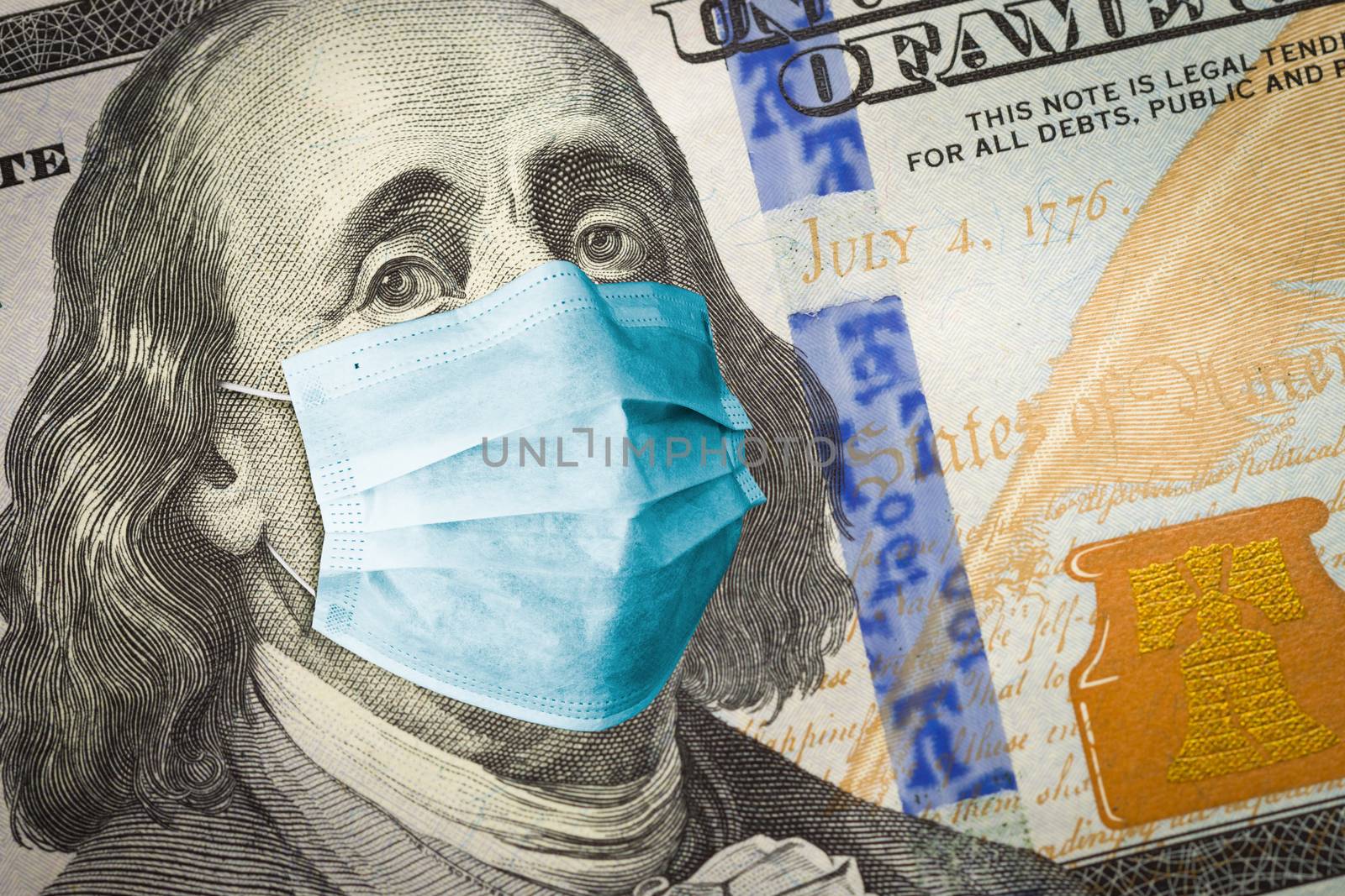 Benjamin Franklin With Worried and Concerned Expression Wearing Medical Face Mask On One Hundred Dollar Bill.