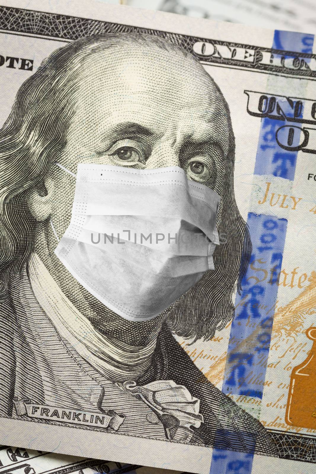 One Hundred Dollar Bill With Medical Face Mask on Face of Benjamin Franklin. by Feverpitched