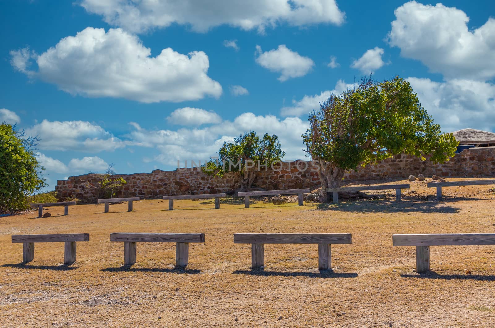 Stone Benches on Mountain top Overlooking the Sea in Antigua