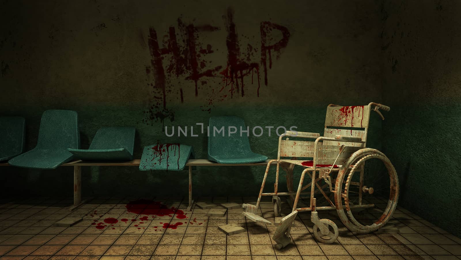 Horror and creepy seat waiting and wheelchair in front of the examination room in the hospital and help Blood .3D rendering