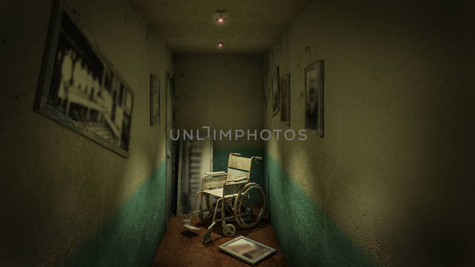 Horror and creepy walk way and wheelchair in front of the examination room in the hospital.3D rendering by anotestocker