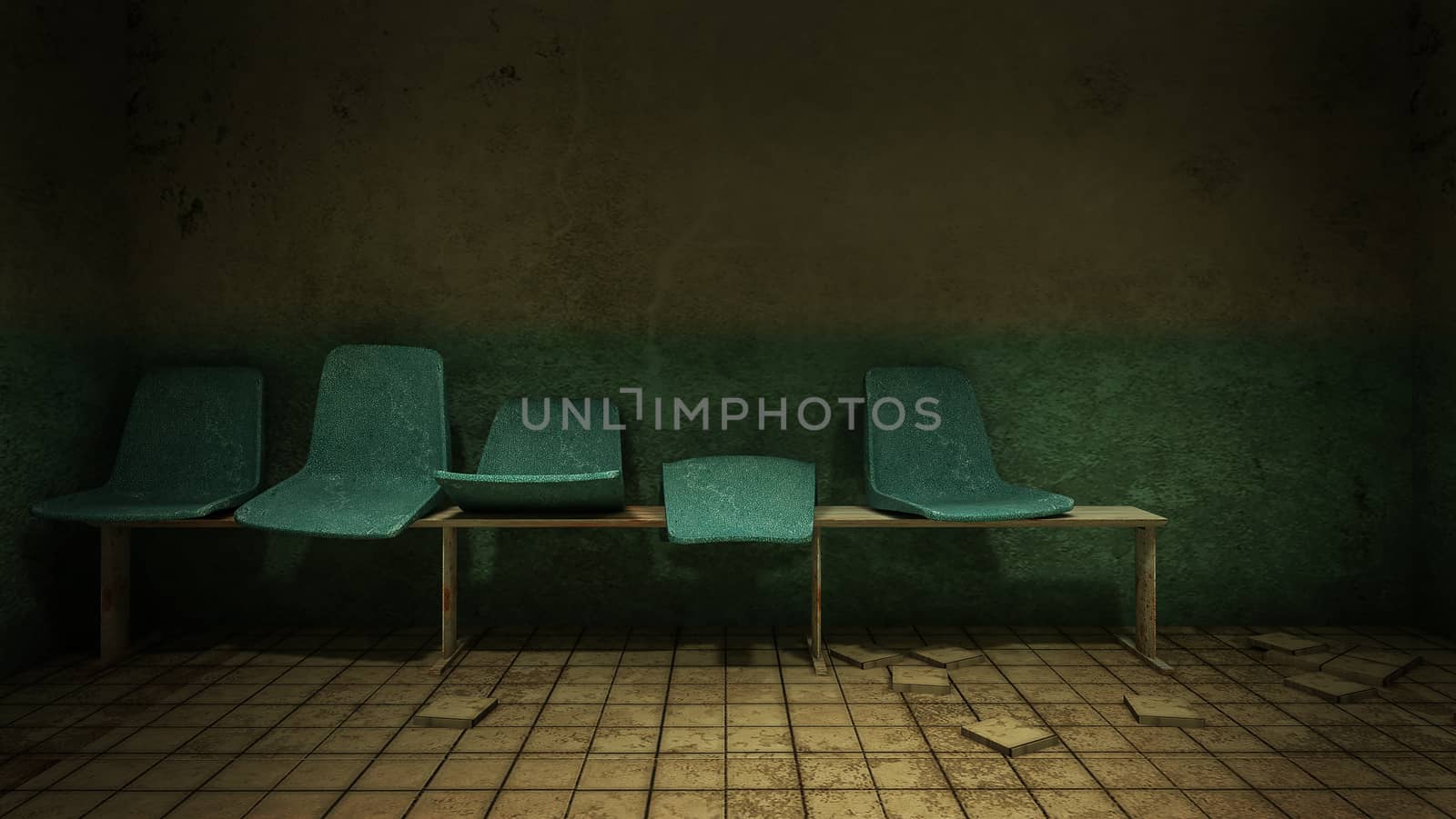Horror and creepy seat waiting in front of the examination room in the hospital.3D rendering by anotestocker